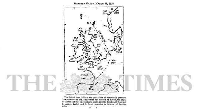 Primer mapa del tiempo en un periódico en The Times.