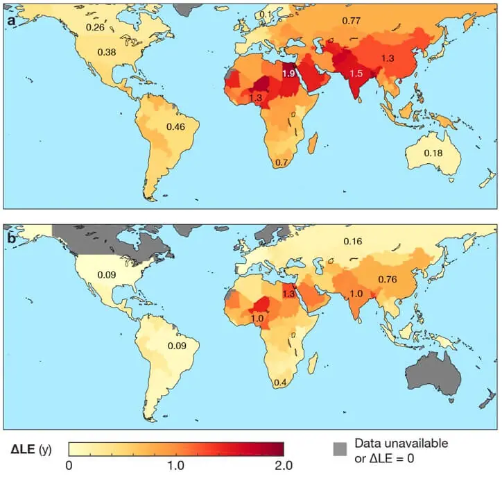 Mapa de la esperanza de vida mundial y la contaminación