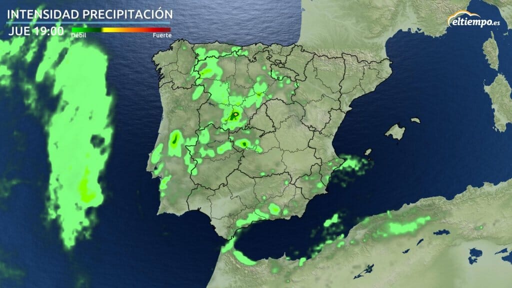Mapa con manchas verdes de intensidad de precipitación prevista para el jueves por la tarde.