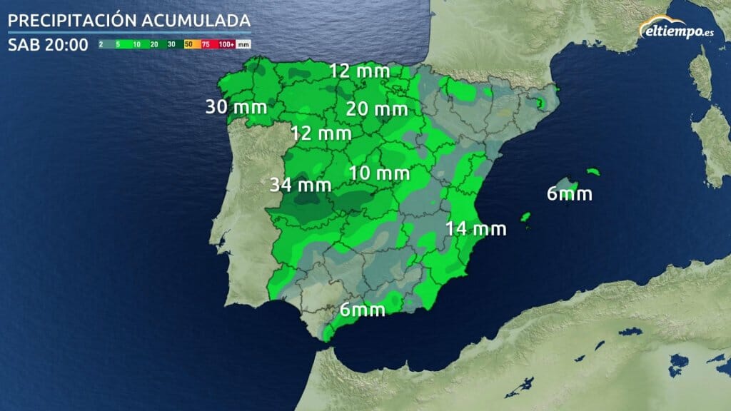 Mapa con los acumulados de precipitación prevista hasta la tarde del sábado.