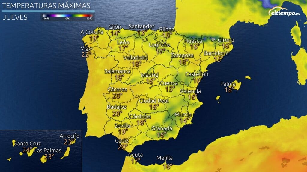 Temperaturas máximas previstas el jueves 15 de abril de 2021.