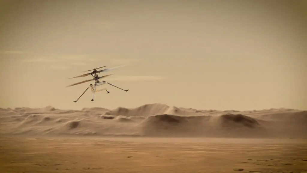 Concepto artístico del helicóptero Ingenuity sobre la superficie de Marte.