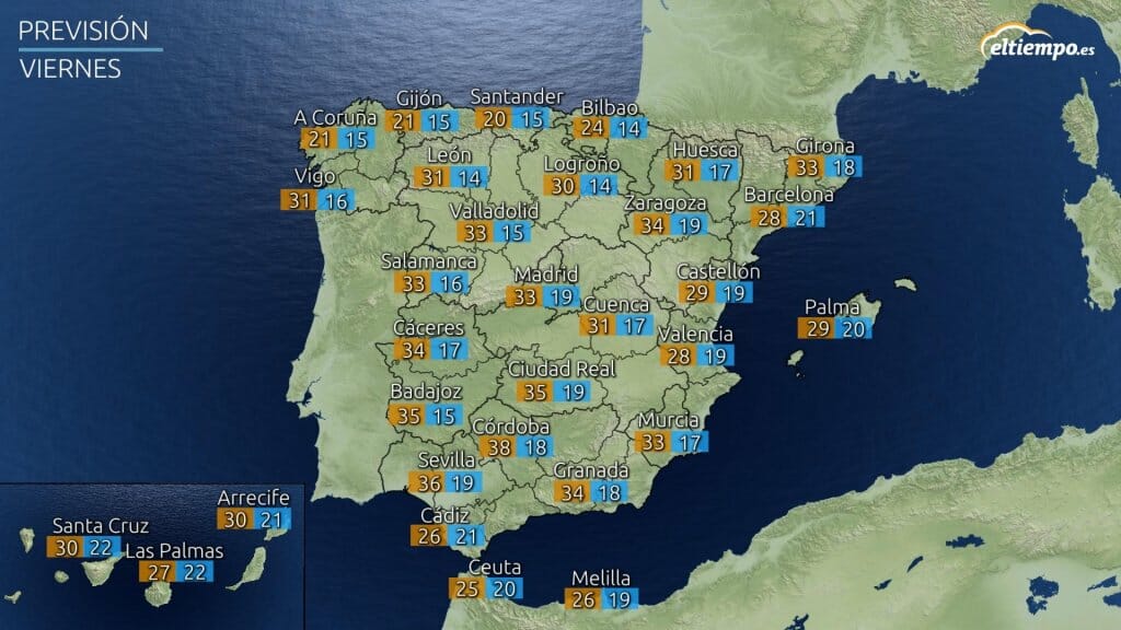 Temperaturas mínimas y máximas del viernes.