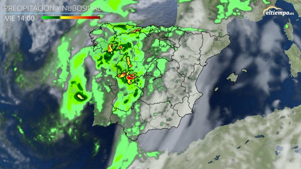 Precipitaciones previstas para las 14 horas del viernes con fuertes tormentas.