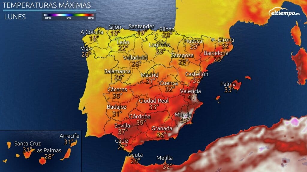 Máximas previstas para el lunes 12 de julio de 2021.