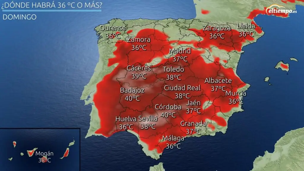 En color las zonas donde habrá 36ºC o más este sábado 17 de julio de 2021