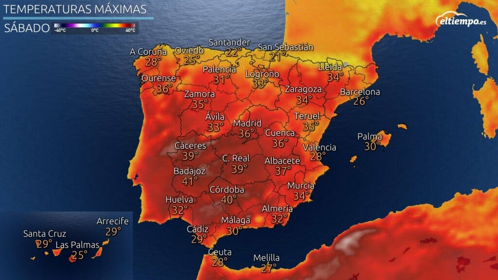 Temperaturas máximas previstas para el sábado 17 de julio de 2021.