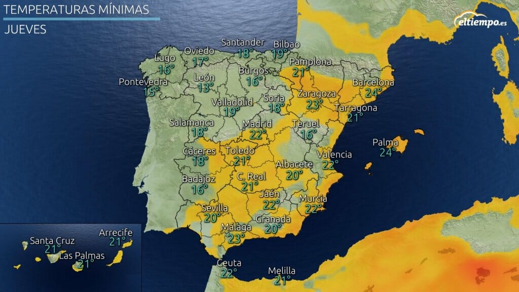 Temperaturas mínimas previstas jueves 22 de julio. El color señala las zonas con noche tropical, con mínimas iguales o superiores a 20ºC.