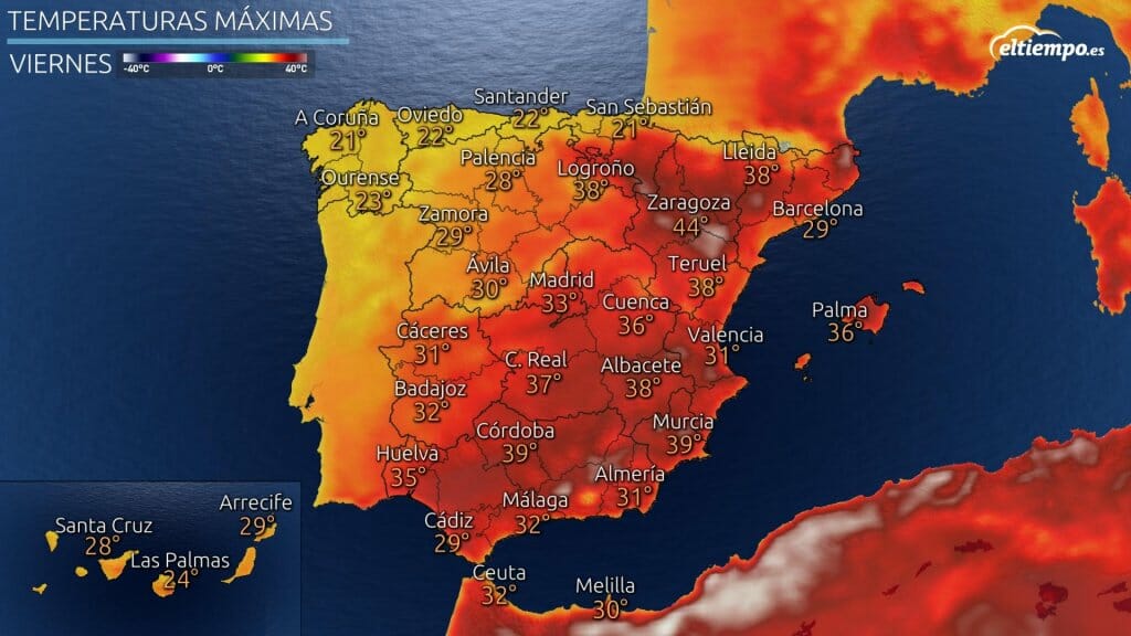 Temperaturas máximas previstas para el viernes 23 de julio