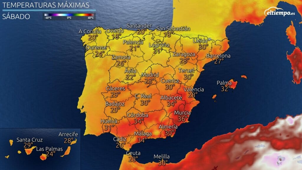 Temperaturas máximas previstas el sábado 31 de julio de 2021