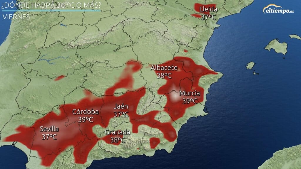 Mapa con zonas con previsión de máximas superiores a 36ºC el viernes 30 de julio de 2021