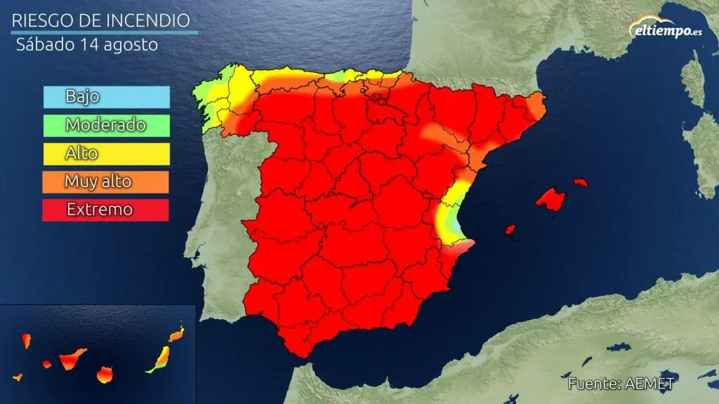 Riesgo de incendio previsto para el sábado 14. Extremo en casi toda España