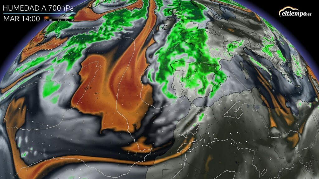 Situación de vientos ábregos: borrasca atlántica y aire con alto grado de humedad (colores verdes). Mapa: Eltiempo.es