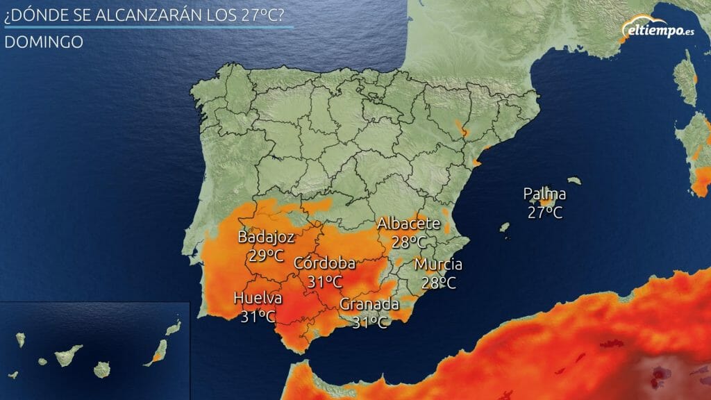 En color las zonas donde se esperan 27ºC o más este último domingo del verano 2021