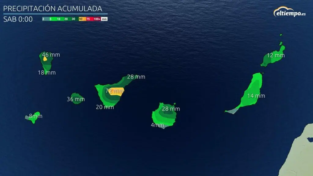 Previsión de lluvia acumulada en Canarias entre el jueves y el viernes. Mapa: Eltiempo.es