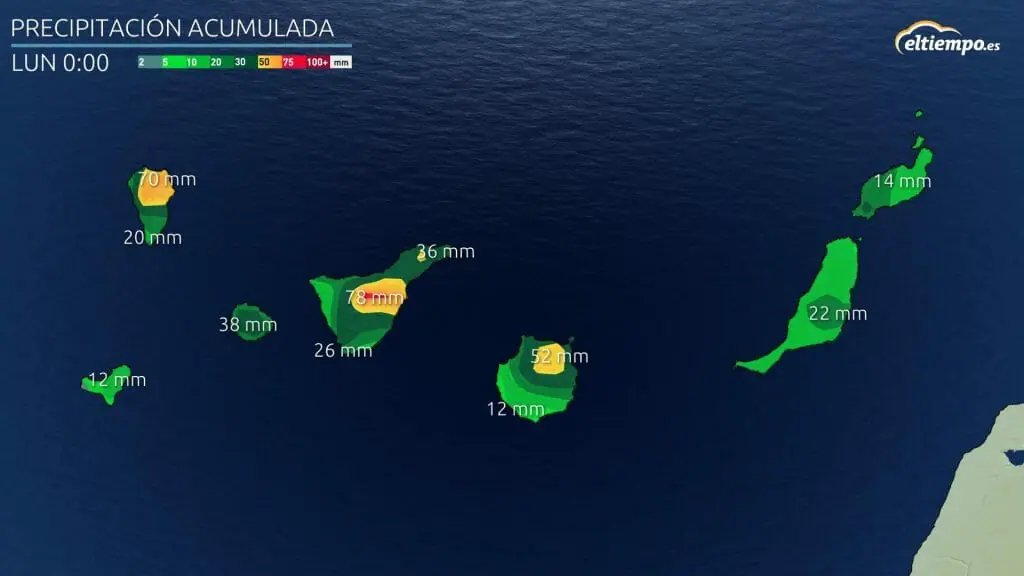 Previsión de lluvia acumulada en Canarias al acabar la semana. Mapa: Eltiempo.es