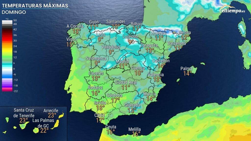 Temperaturas mínimas previstas para el domingo 3 de abril. En algunas ciudades no llegarán a los 10ºC y con viento