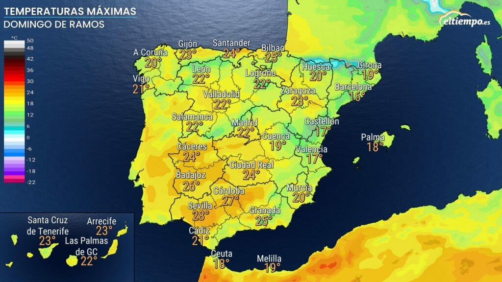 Máximas previstas el domingo 10 de abril (Temperaturas Domingo de Ramos en Semana Santa 2022)