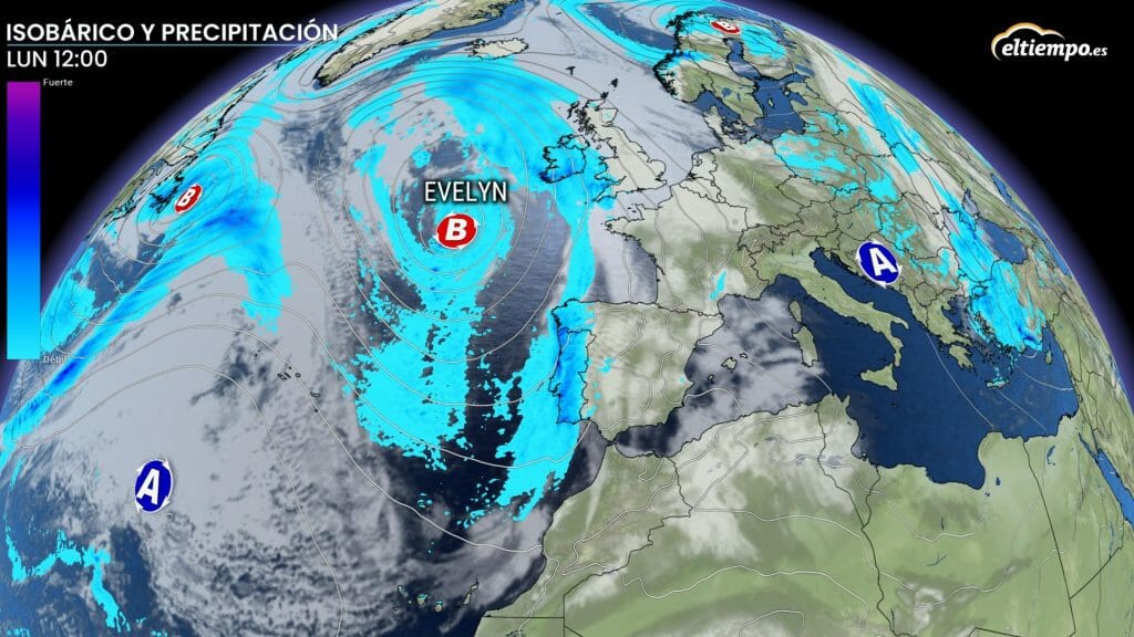 Borrasca Evelyn sobre el Atlántico norte. Dejará lluvia en España entre lunes y martes