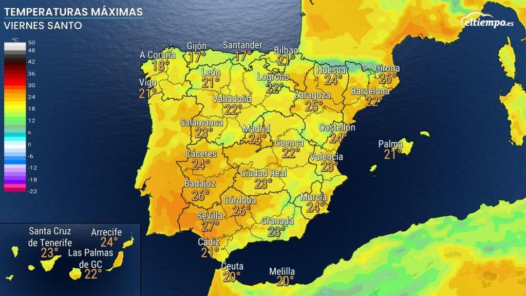 Temperaturas previstas el Viernes Santo. Sin lluvia en los días festivos de la Semana Santa