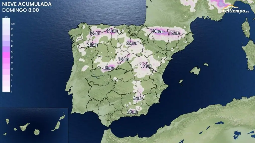 Nieve acumulada hasta el domingo a las 24 a hasta las 8 horas.