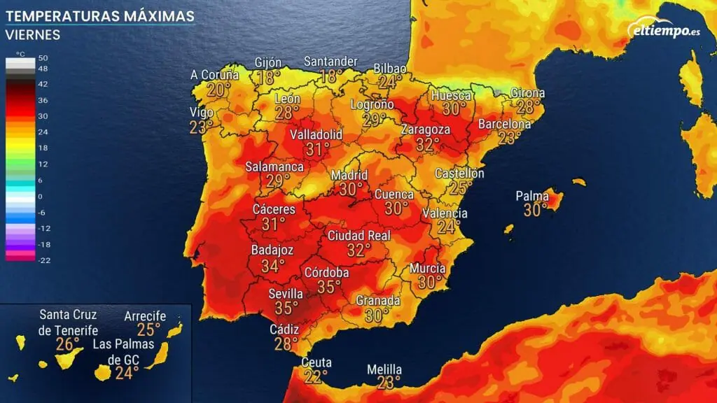 Temperaturas máximas para el viernes 13 de mayo. Calor intenso en el valle del Guadalquivir.