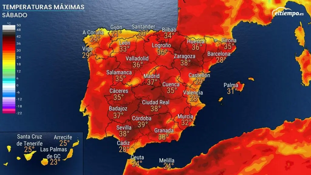 Temperaturas máximas para el sábado 21 de mayo. En los valles del Ebro, Guadiana y del Guadalquivir, se podrán alcanzar los 40ºC.