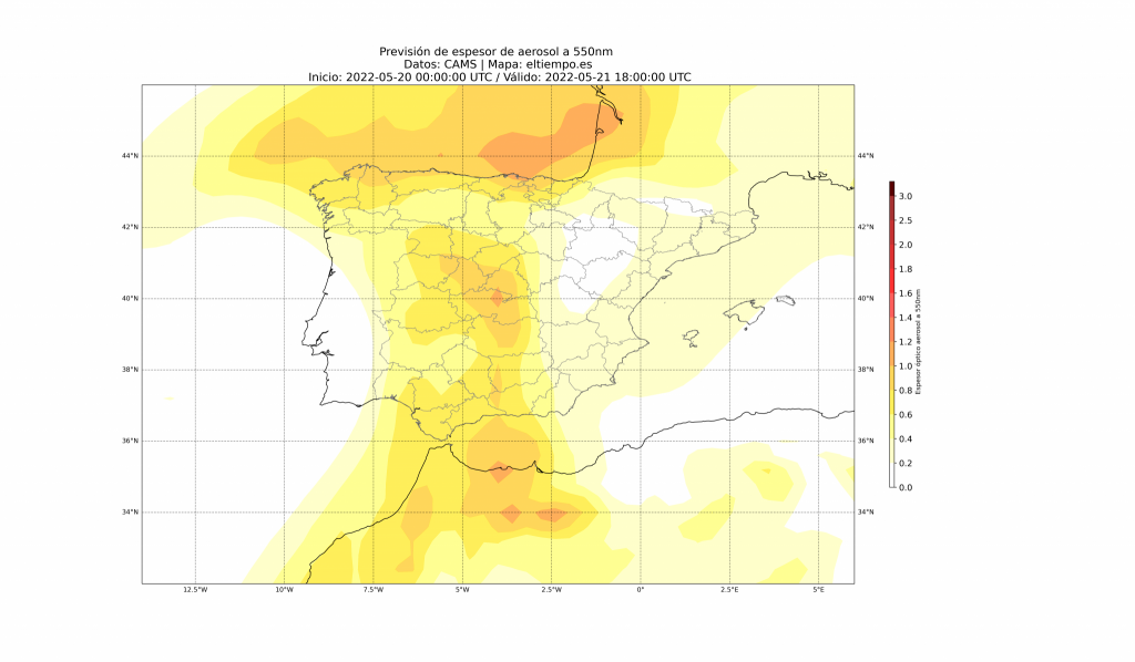Esta será la distribución de polvo en suspensión para la tarde del sábado 21. Será mayor en la mitad oeste peninsular.