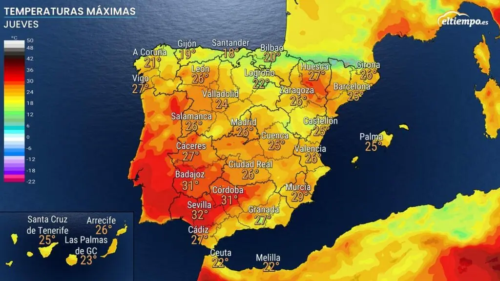 Estas serán las temperaturas máximas del jueves 26 de mayo. Ya superarán los 30ºC en los valles del Guadalquivir y Guadiana.