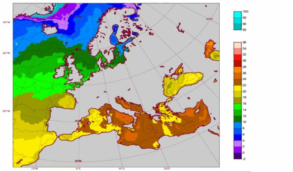 Esta será la temperatura de la superficie del mar prevista para el domingo 5 de junio. Hasta 24ºC en nuestras costas