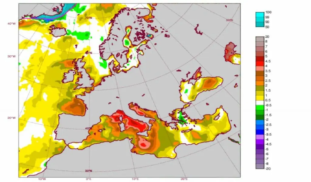 La anomalía de la temperatura de la superficie del mar, refleja que el domingo 5 de junio, será más alta de lo normal en el levante y Baleares. El Mediterráneo  gana temperatura.