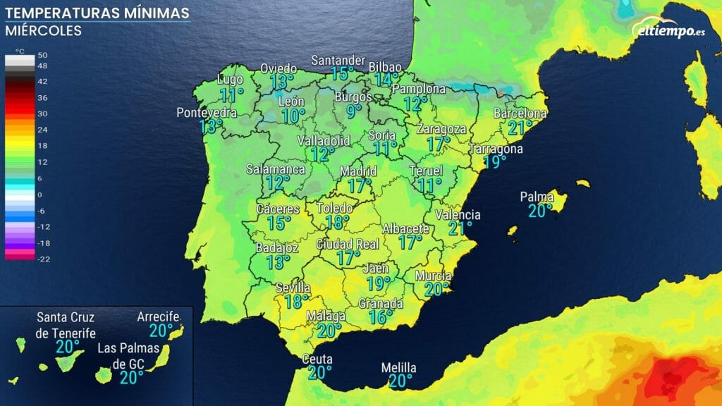 Estas serán las temperaturas  mínimas del miércoles 29 de junio. Ambiente fresco en el interior noroeste peninsular.