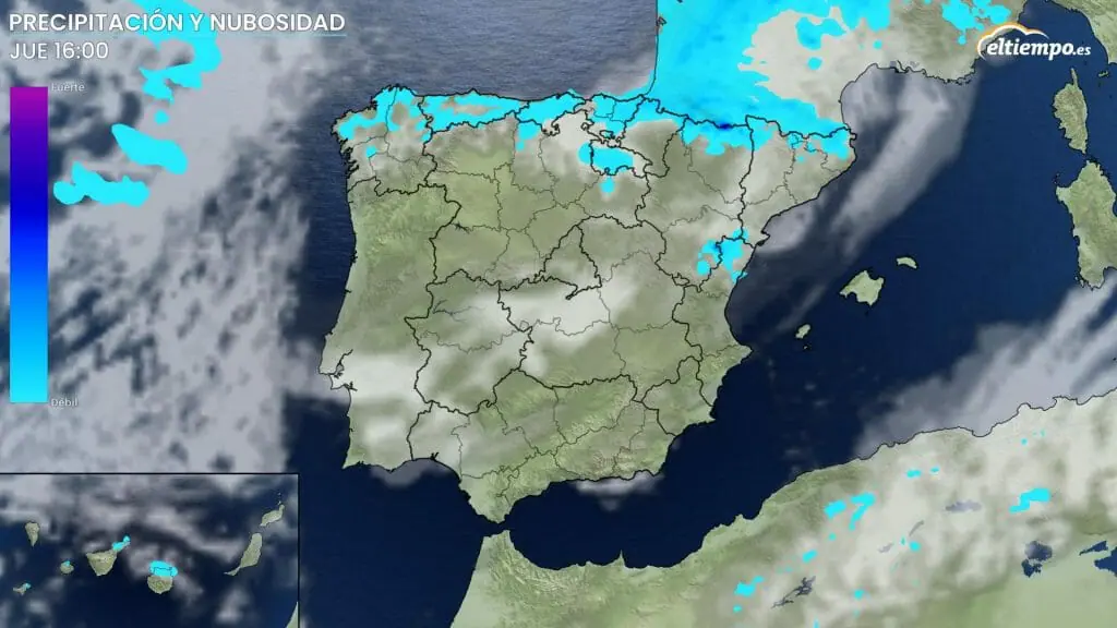 Intensidad de precipitaciones el jueves 30 de junio. Lluvias débiles en el norte peninsular y Canarias y tormentas en montaña