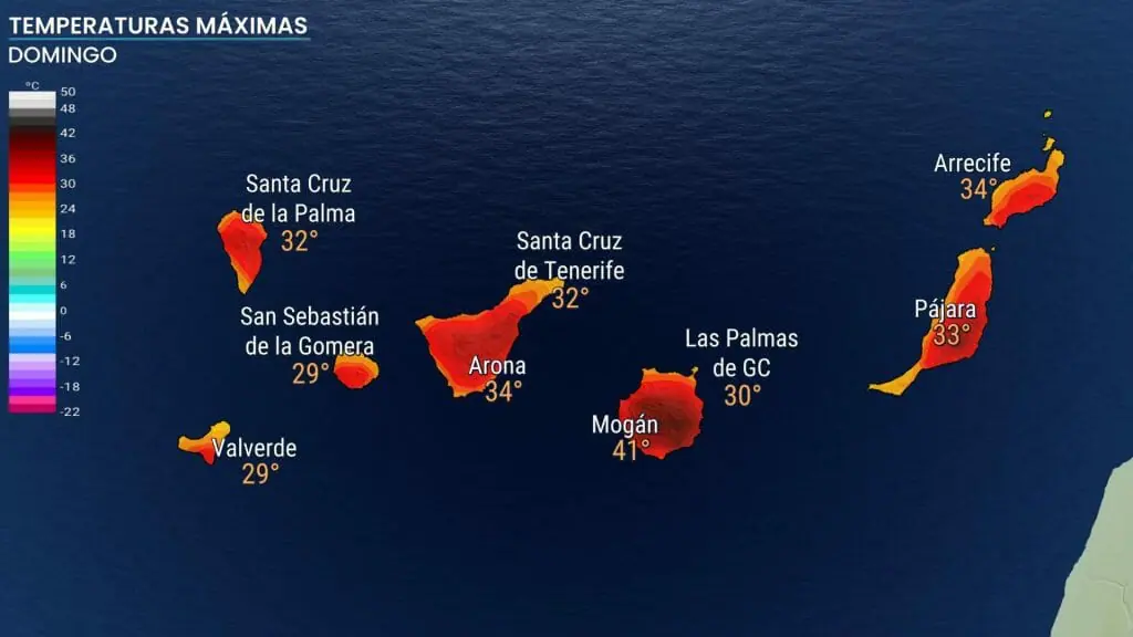 Temperaturas máximas previstas el 10 de julio. Ola de calor en Canarias. 