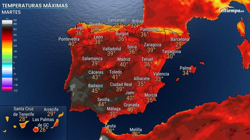 Temperaturas máximas previstas para el martes 12 de julio en plena ola de calor de julio
