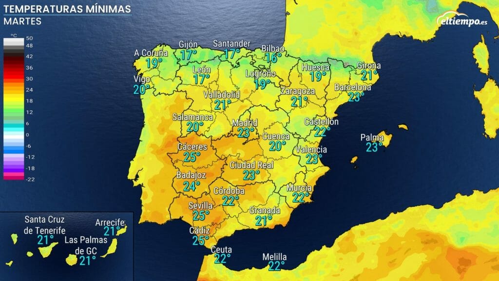 Temperaturas mínimas previstas para el martes 12 de julio en la ola de calor de julio