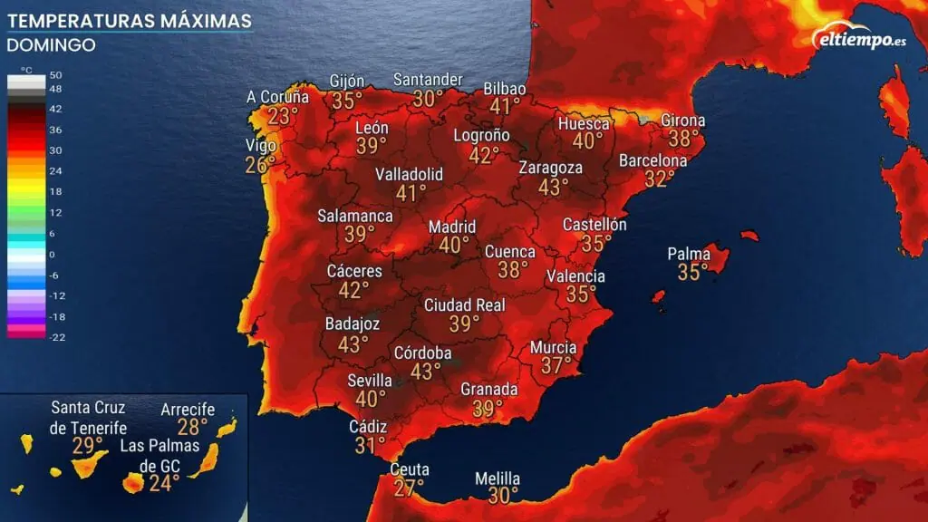 Temperaturas máximas previstas el domingo 17. Mapa: Eltiempo.es