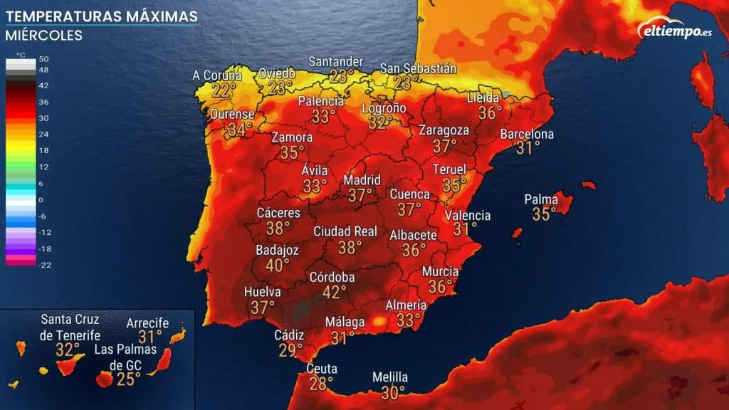 Temperaturas máximas previstas para el miércoles 20 de julio. Podrá volver la ola de calor.