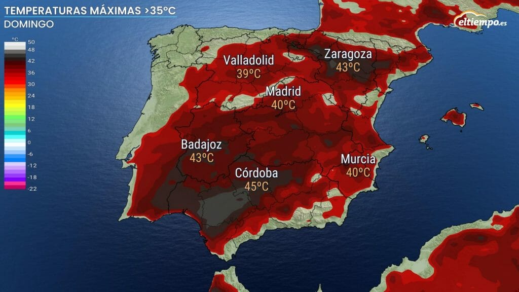 Zonas en las que se superarán los 35ºC el domingo 24 de julio. Podría ser de nuevo ola de calor.