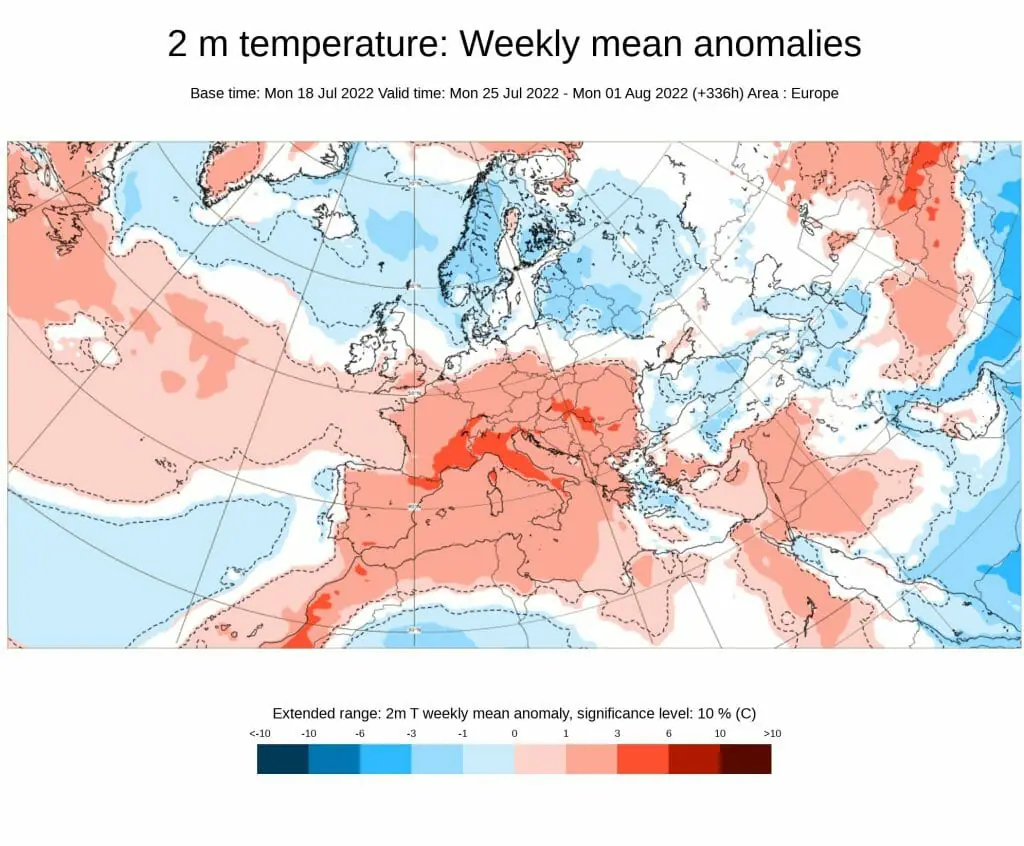 Anomalía cálida de temperatura en España la última semana del mes de julio. Fuente: ECMWF