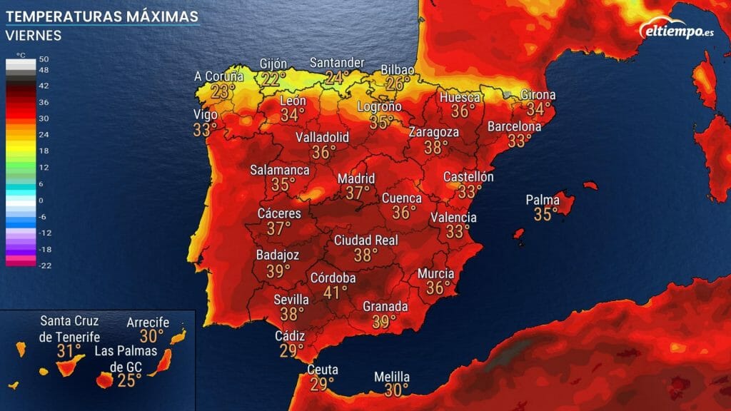 Temperaturas máximas previstas el viernes 5 de agosto. 