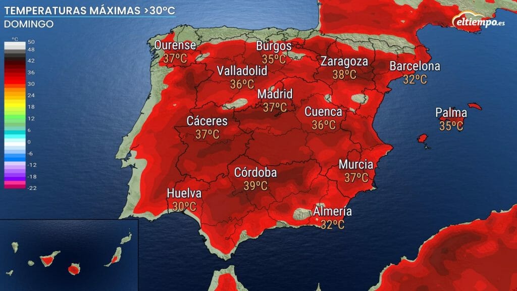 En color, temperaturas máximas superiores a los 30ºC el domingo 7 de agosto. 