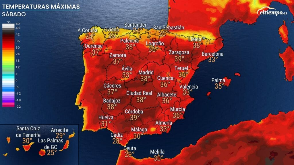 Temperaturas máximas previstas este sábado 6 de agosto. No llega ninguna Filomena de calor