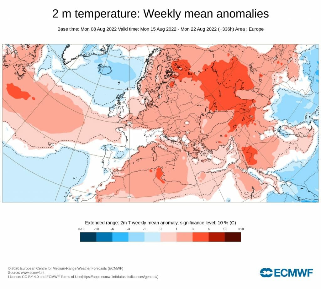Anomalía de temperatura durante la tercera semana de agosto.¿cuántas olas de calor llevamos?