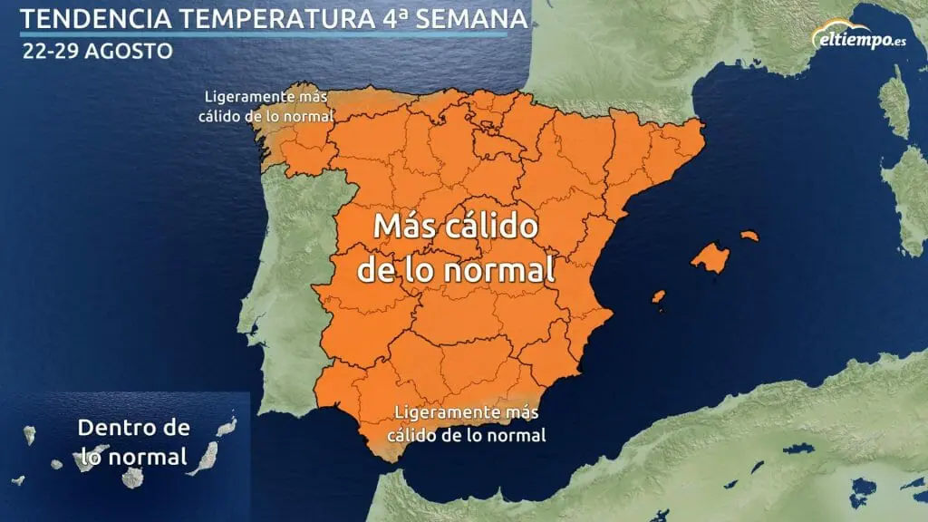 Anomalías de temperatura previstas en la semana 22-29 agosto. Mapa: eltiempo.es
