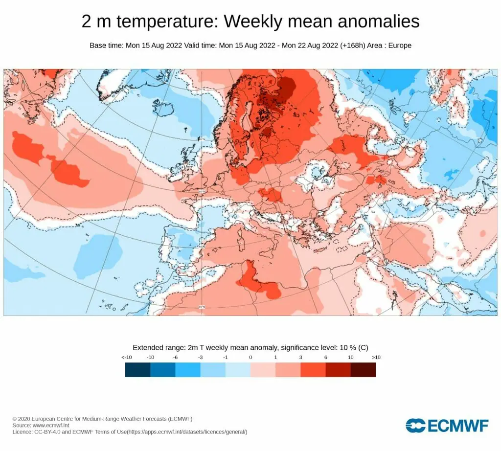 Anomalía de las temperaturas durante la tercera semana de agosto. La semana más fresca y lluviosa del verano 2022