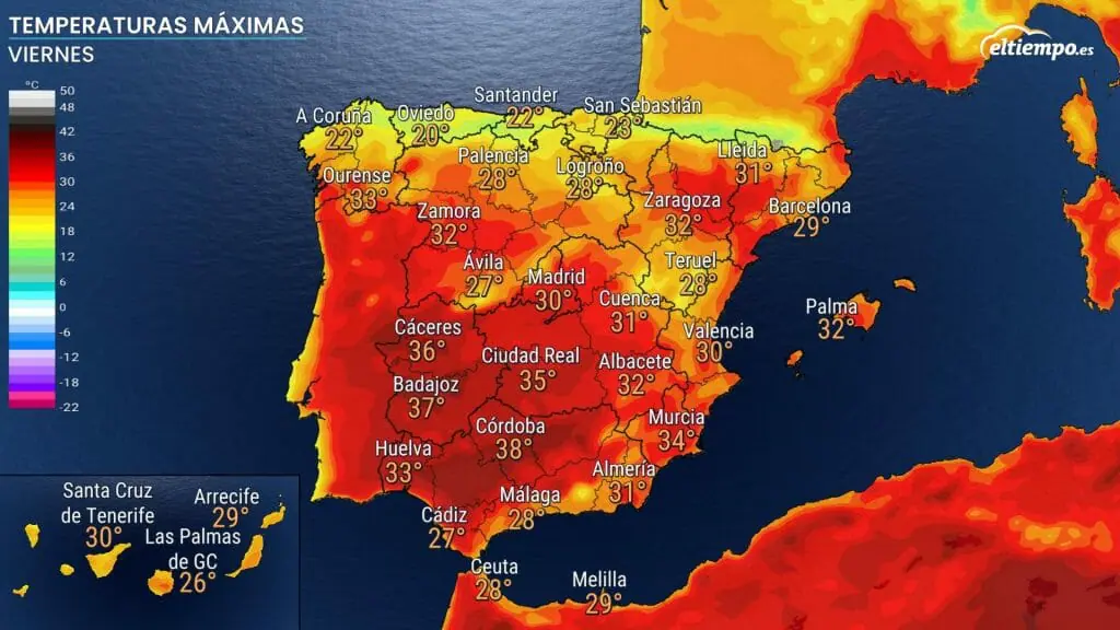 Temperaturas máximas previstas el 26 de agosto. Mapa: Eltiempo.es