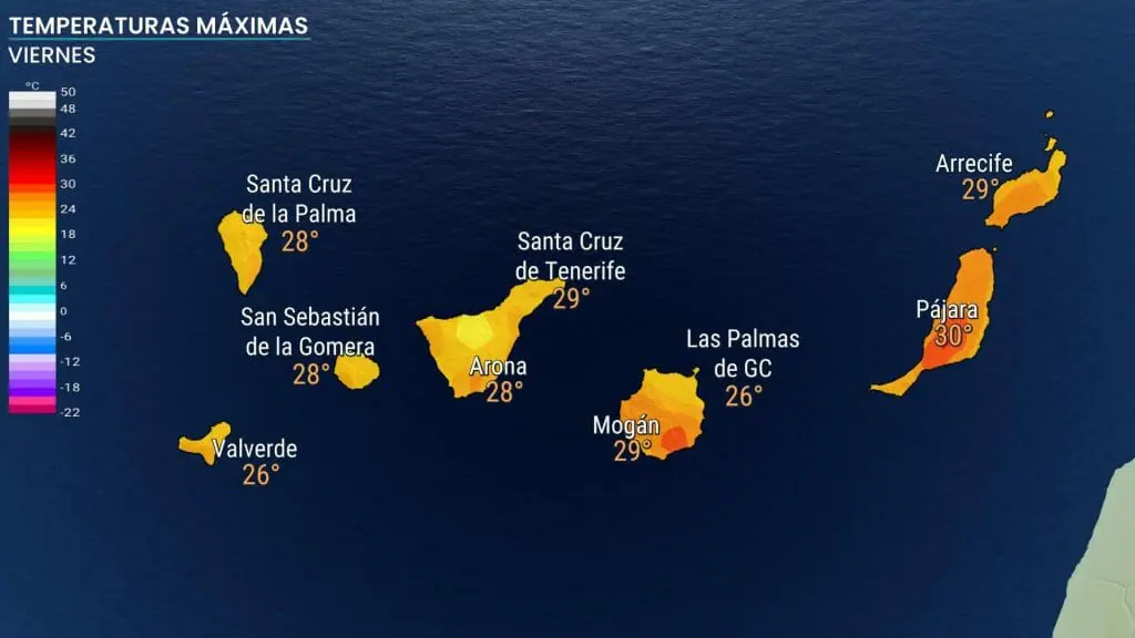 Temperaturas máximas previstas el viernes 2 de septiembre en Canarias. Onda tropical en Canarias