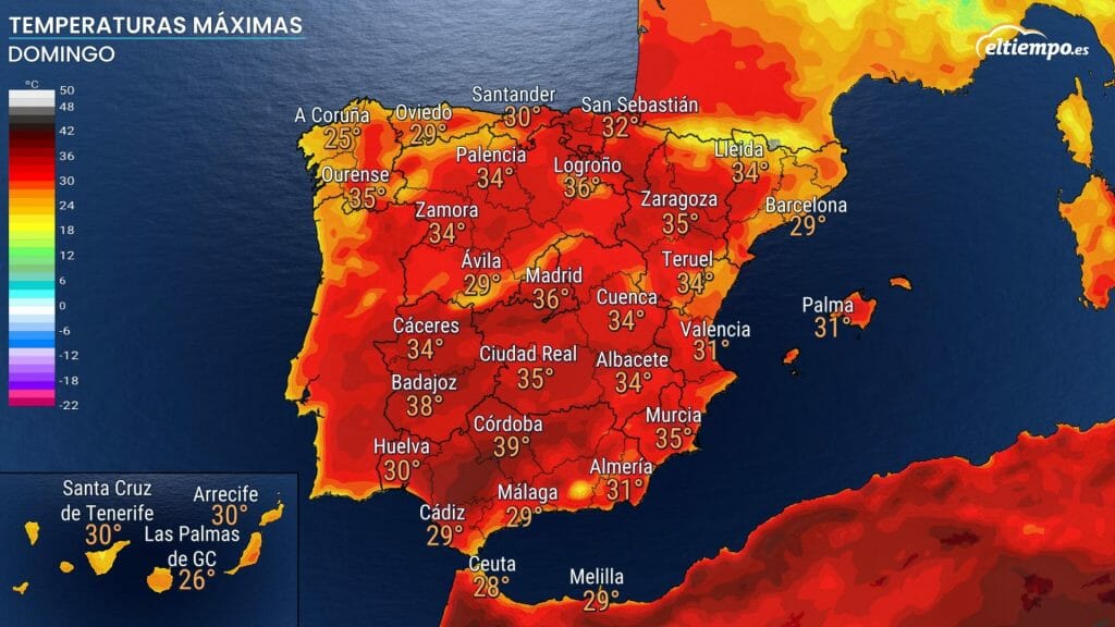 Temperaturas máximas prevista el domingo 11 de septiembre. huracán Danielle  España