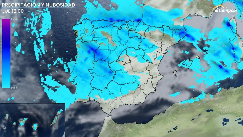 Intensidad de lluvia prevista para un momento de la tarde del jueves 29. Mapa: Eltiempo.es